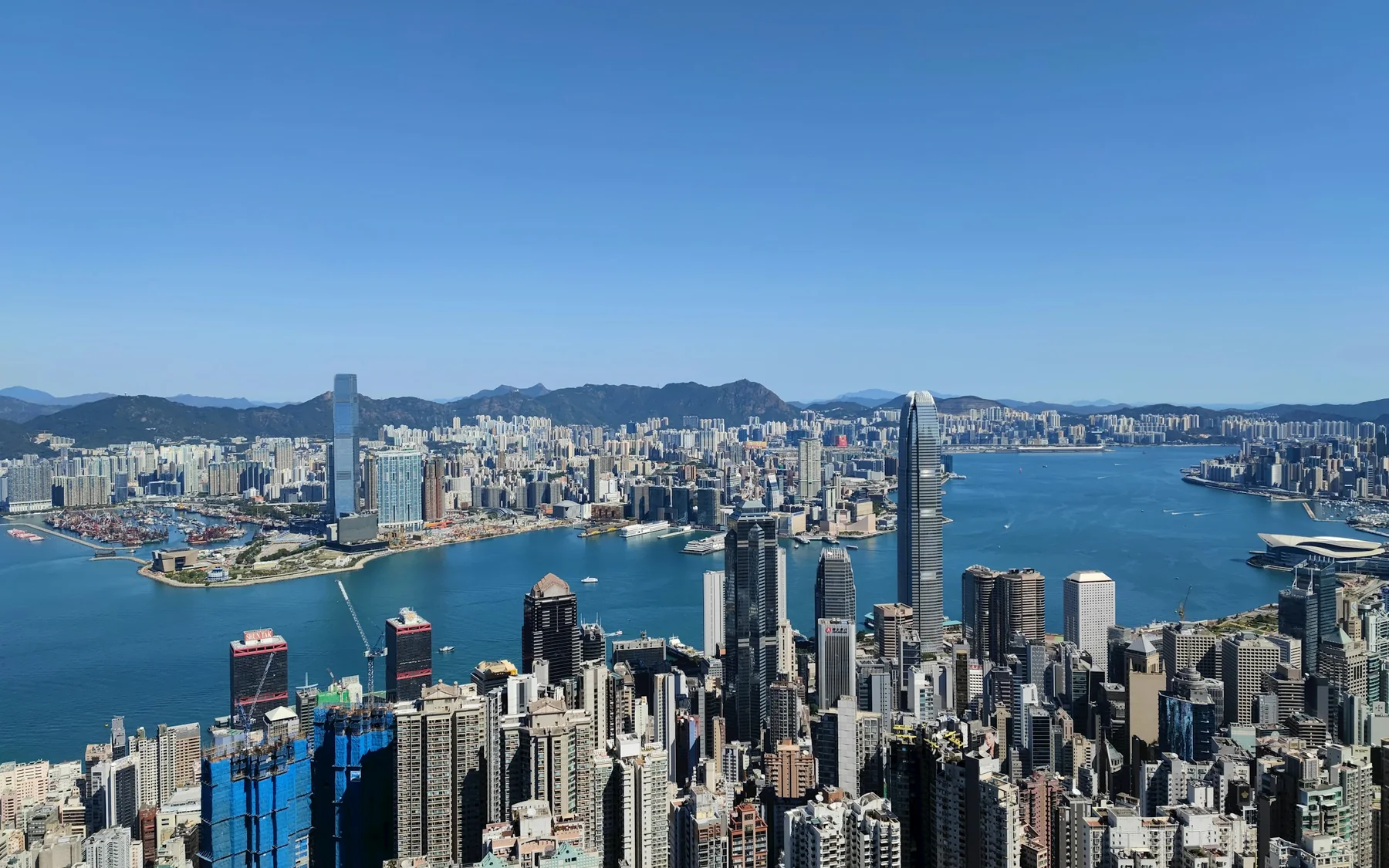A clear daytime panorama from Victoria Peak across central Hong Kong and Victoria Harbour toward the Kowloon skyline, with the harbour forming the visual centre.