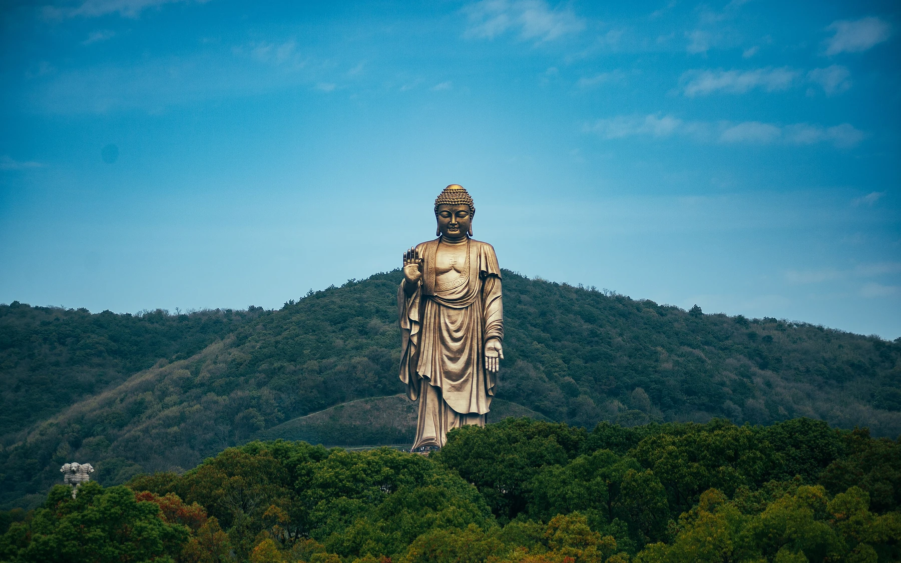 The full bronze Lingshan Grand Buddha rising above a forested mountain near Wuxi under a blue sky.