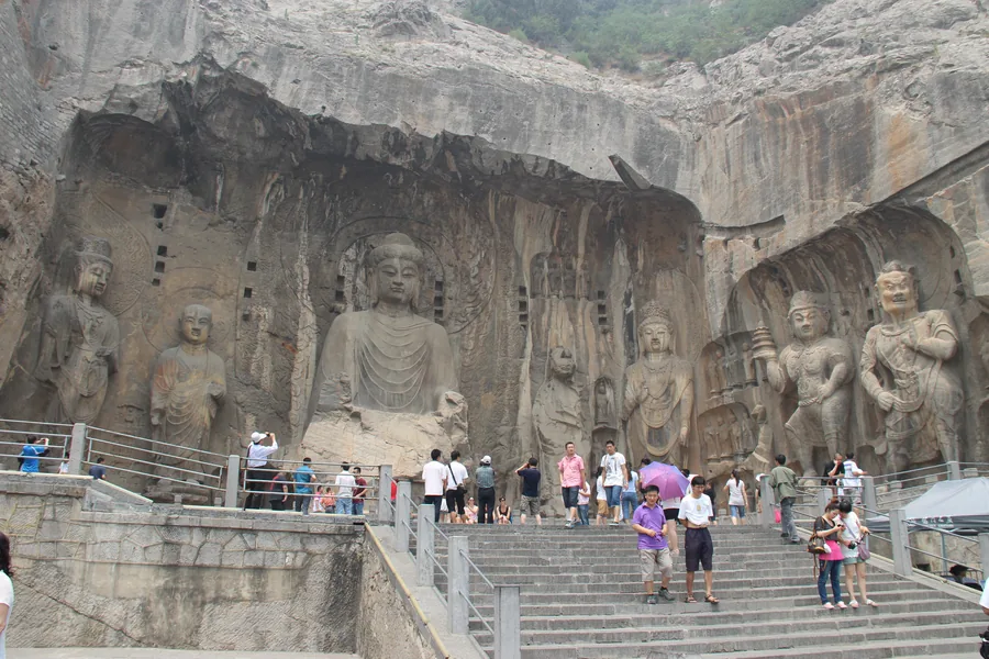 The complete Fengxian Temple niche at Longmen centred on the colossal Vairocana Buddha