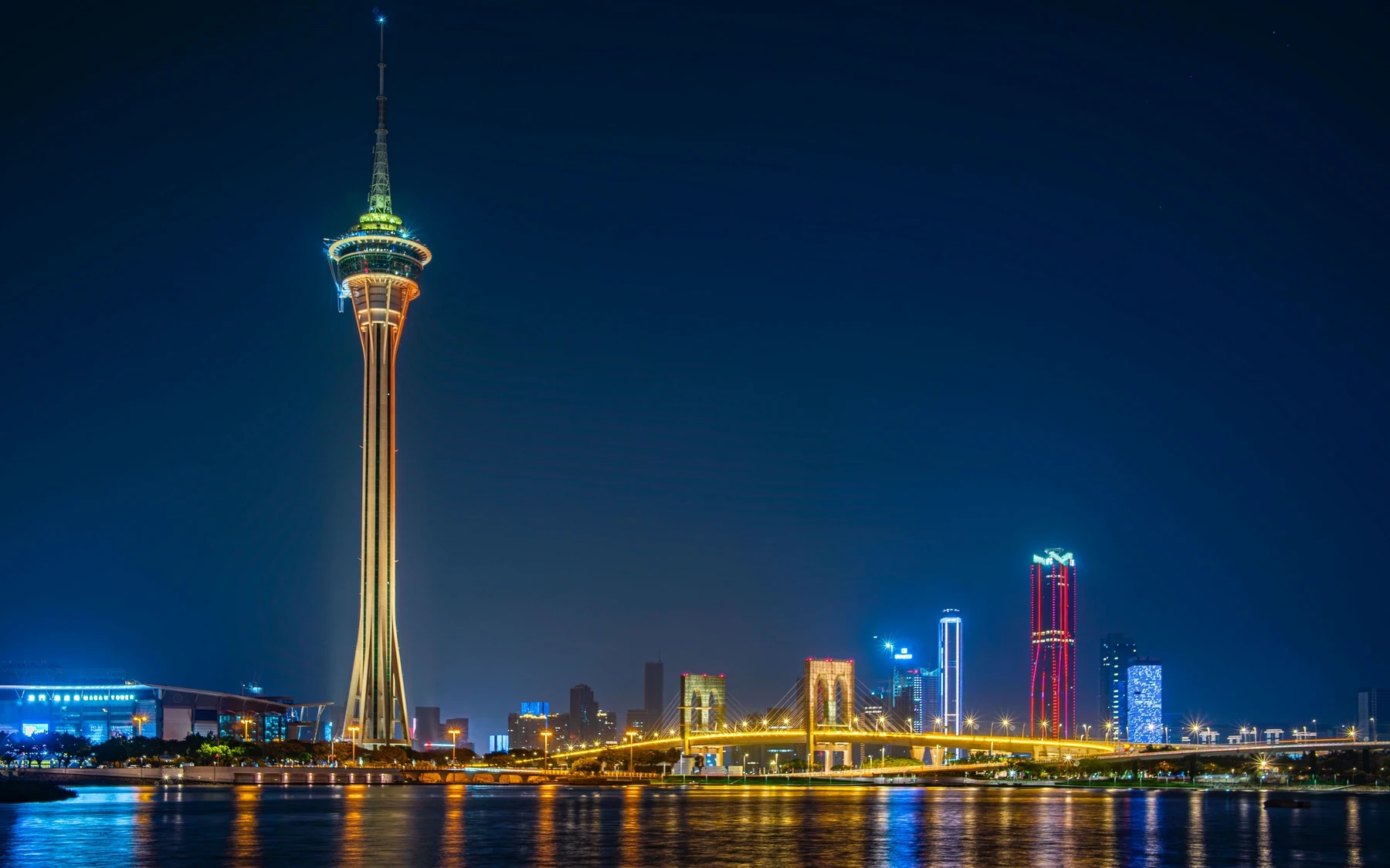 Macau Tower and the illuminated waterfront skyline