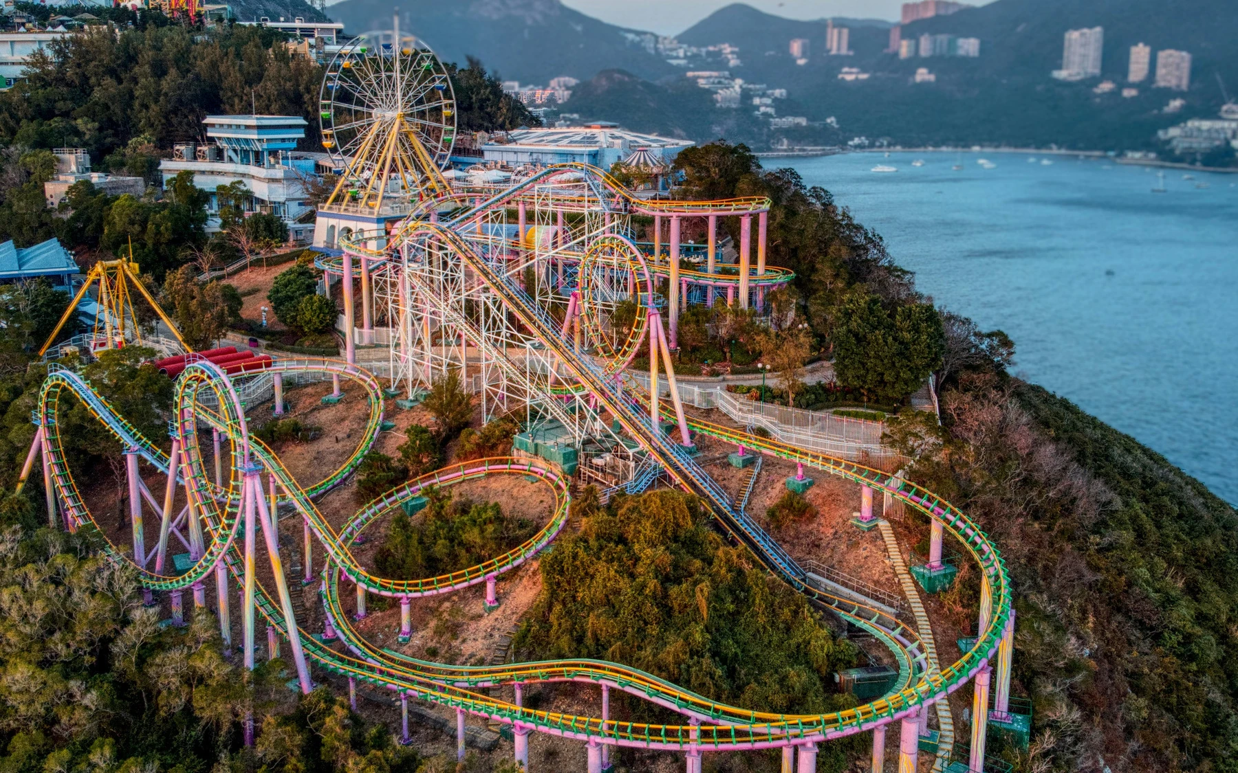 Ocean Park roller coasters above the Hong Kong coast