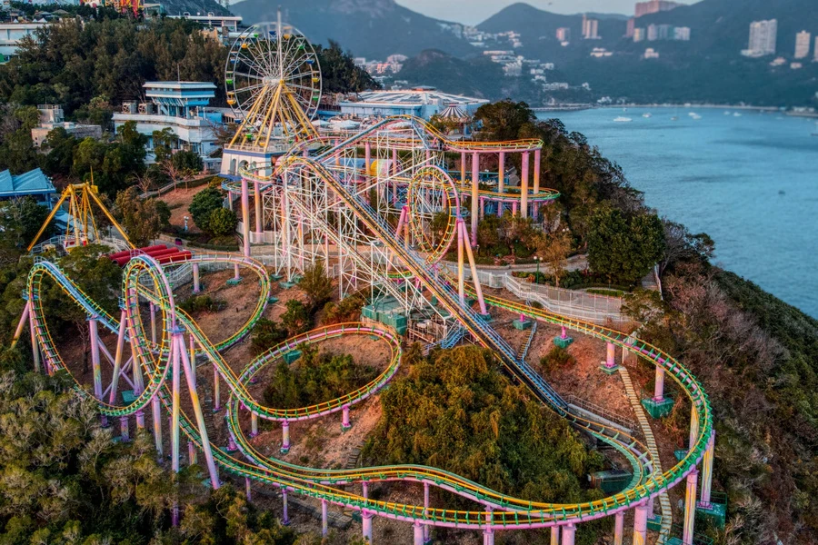 Ocean Park roller coasters above the Hong Kong coast