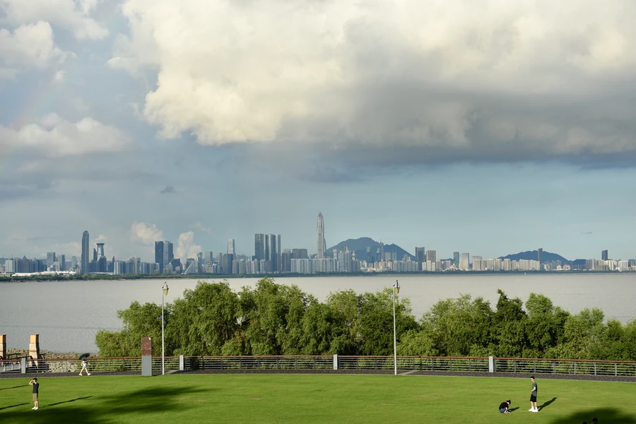 A green lawn and waterfront promenade at Shenzhen Bay Park, with Shenzhen's skyline beyond the bay.